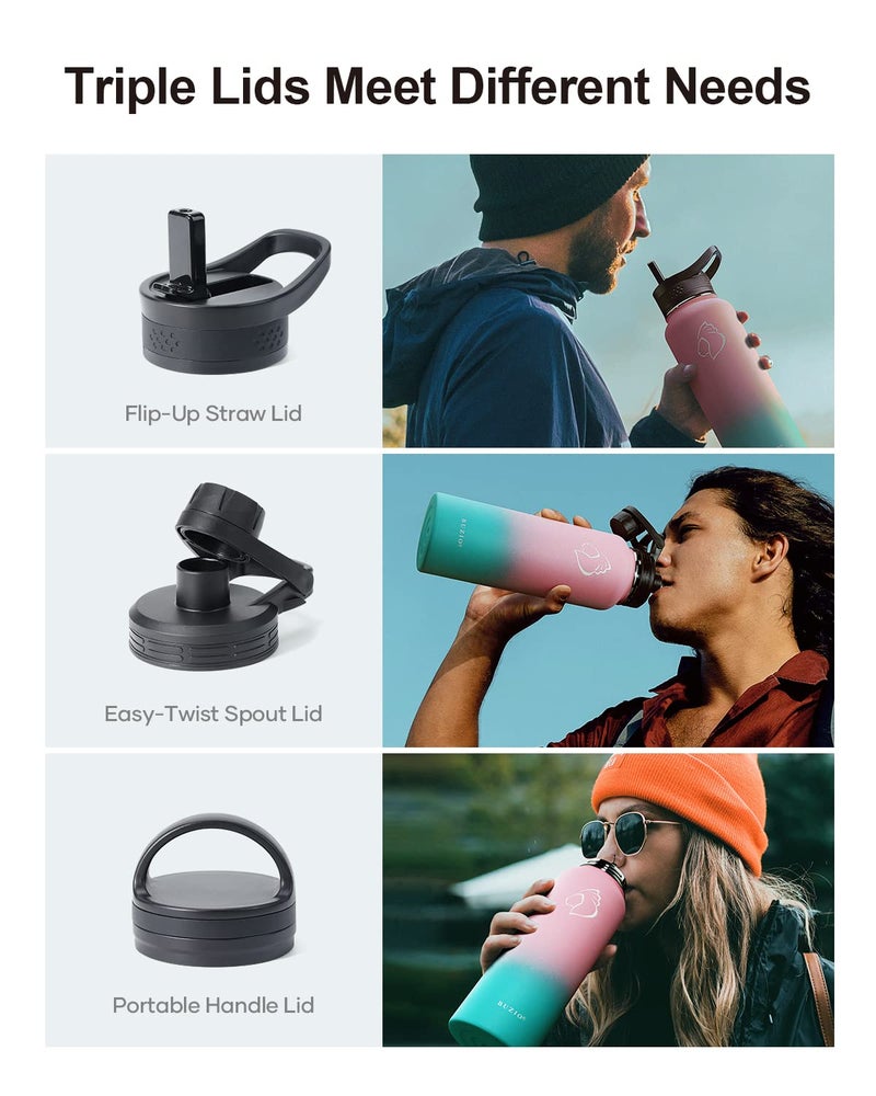 BUZIO 40 oz Water Bottle Insulated with Straw & 3 lid and Carrying Pouch, Leak Proof Anti-Slip Stainless Steel Water Flask Jug, Cold for 48 Hrs Double Vacuum Thermo Canteen, BPA-Free, Bubble Gum - Image 3